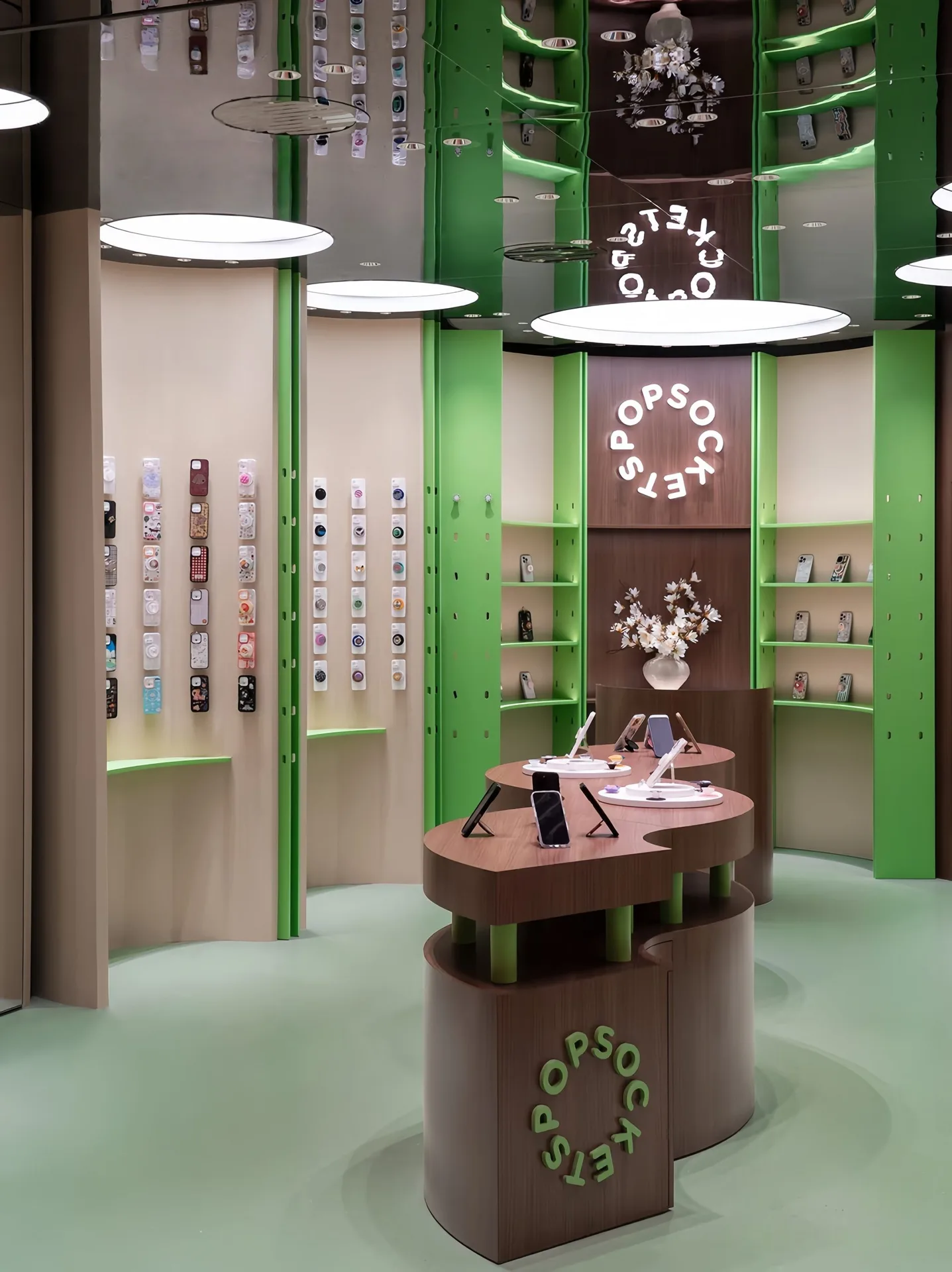 Modular Curved Display Stand for Accessories | Wood & Green Retail Island with Mirror Ceiling — view 7