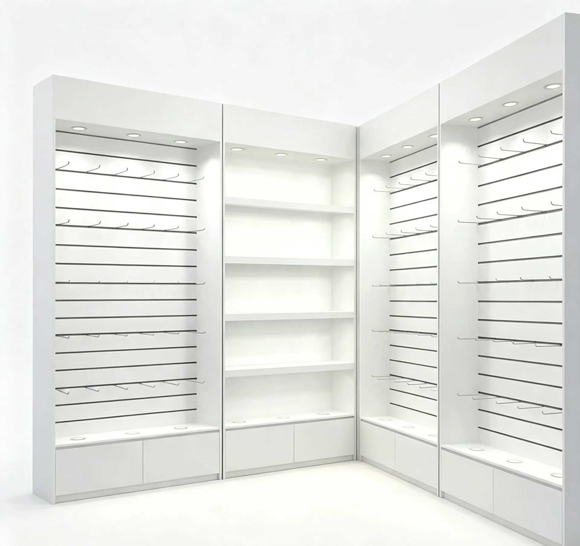 Modular White Slat‑Wall Retail Wall Display Stand with LED Spotlights for Shop Accessories — view 3