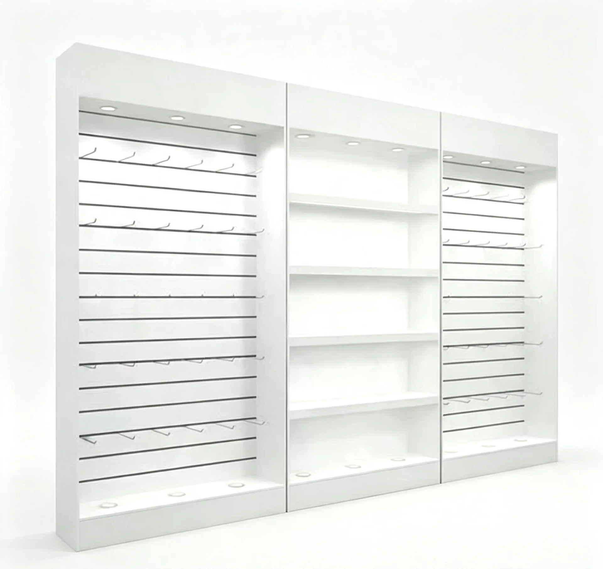 Modular White Slat‑Wall Retail Wall Display Stand with LED Spotlights for Shop Accessories — view 2
