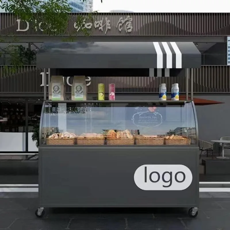 Multi Color Mobile Bakery Cart Curved Glass Pastry Display Street Food Kiosk For Sale — view 5