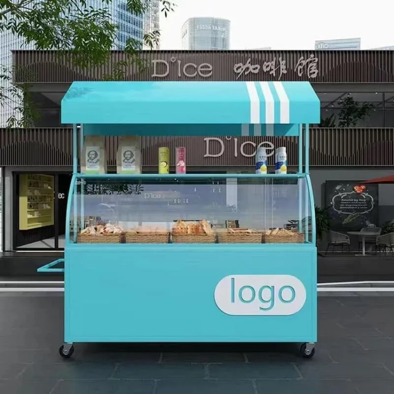 Multi Color Mobile Bakery Cart Curved Glass Pastry Display Street Food Kiosk For Sale — view 3
