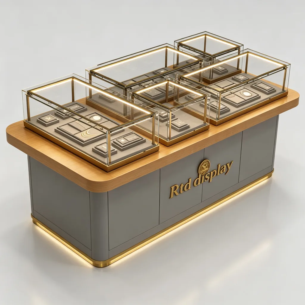 Multi-Compartment Jewelry Island Counter Wood Top Grey Base Gold Frame