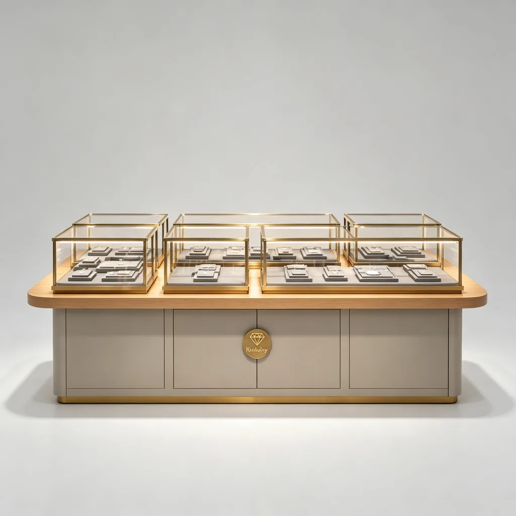 Multi-Compartment Jewelry Island Counter Wood Top Grey Base Gold Frame — view 2