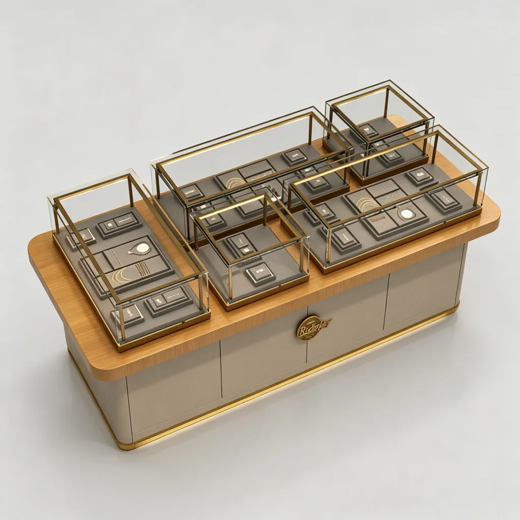 Multi-Compartment Jewelry Island Counter Wood Top Grey Base Gold Frame — view 4