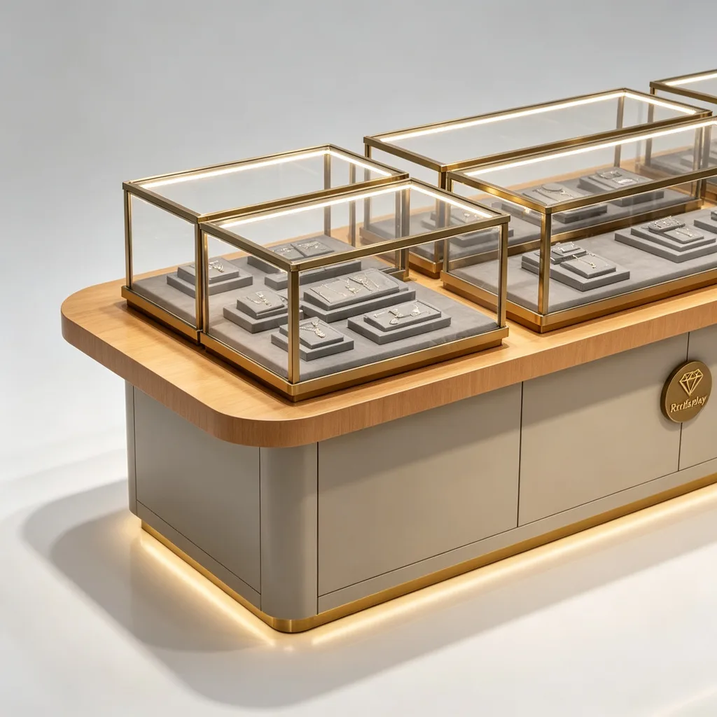 Multi-Compartment Jewelry Island Counter Wood Top Grey Base Gold Frame — view 3