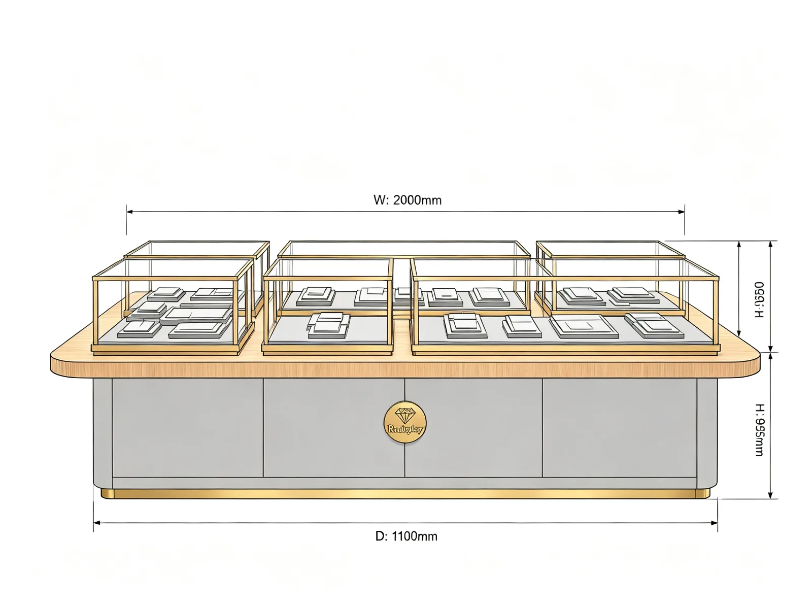 Multi-Compartment Jewelry Island Counter Wood Top Grey Base Gold Frame — product detail 1