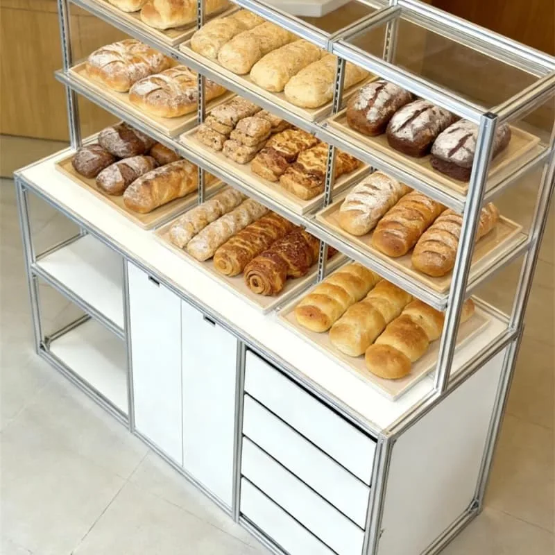 Multi-layer Bakery Display Shelving Unit with Drawers and Closed Cabinet — view 7