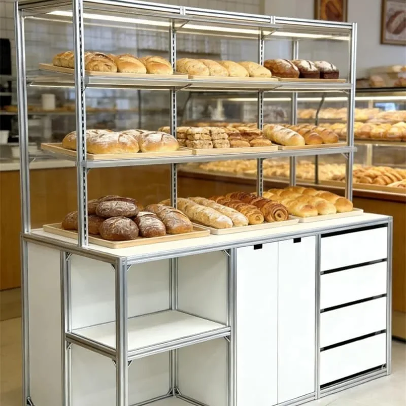 Multi-layer Bakery Display Shelving Unit with Drawers and Closed Cabinet — view 5