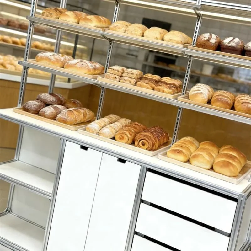 Multi-layer Bakery Display Shelving Unit with Drawers and Closed Cabinet — view 6