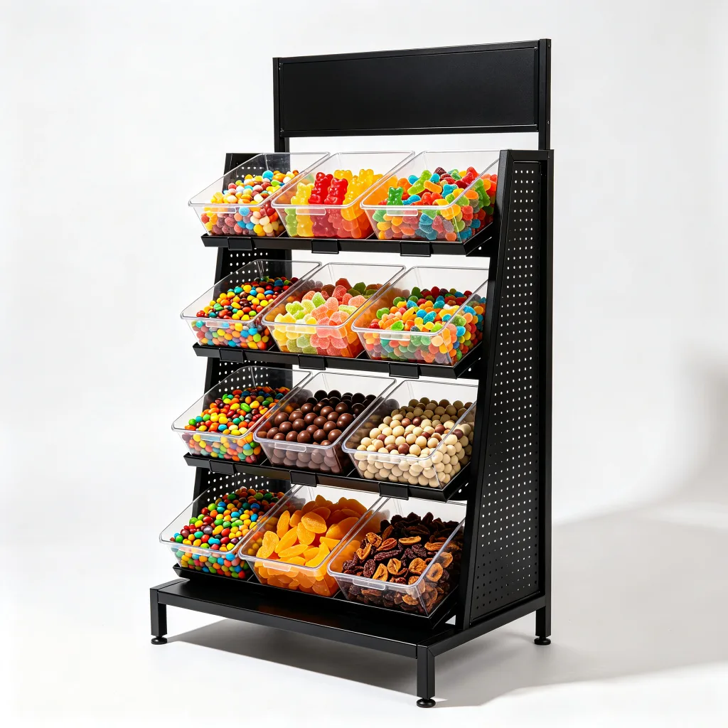 Multi-Layer Bulk Candy Display Rack Black Steel Clear Plastic Bins 5-Tier
