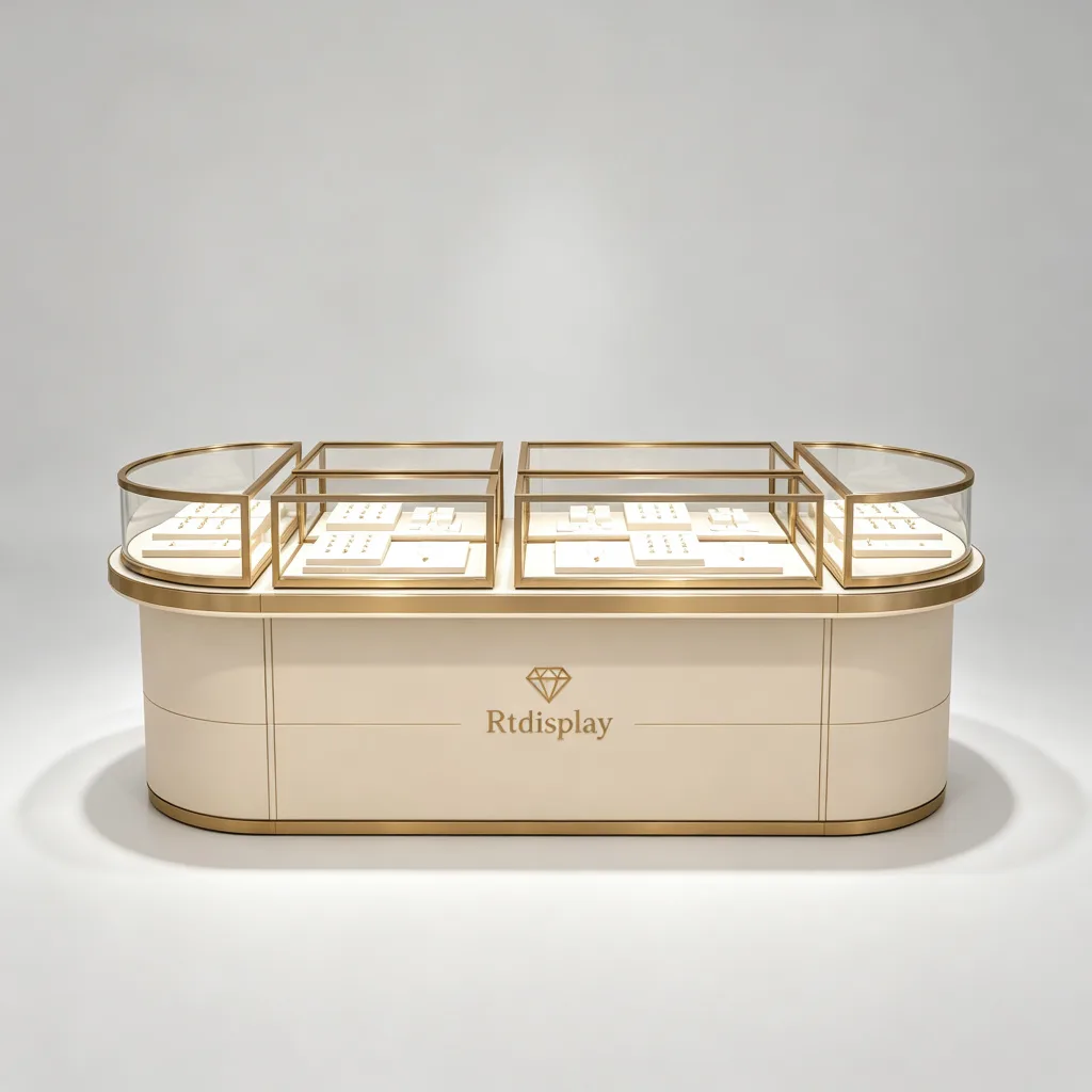 Multi-Panel Glass Jewelry Display Counter with Beige Base Gold Brass Frame