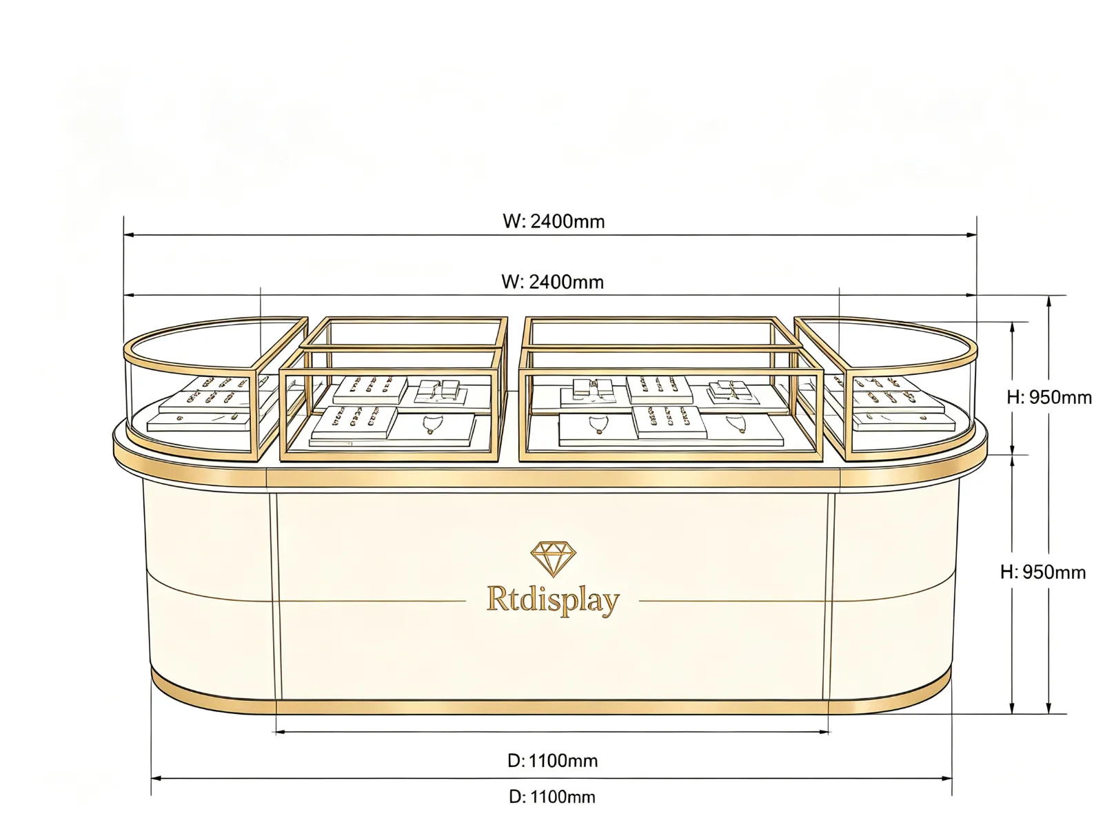 Multi-Panel Glass Jewelry Display Counter with Beige Base Gold Brass Frame — product detail 1
