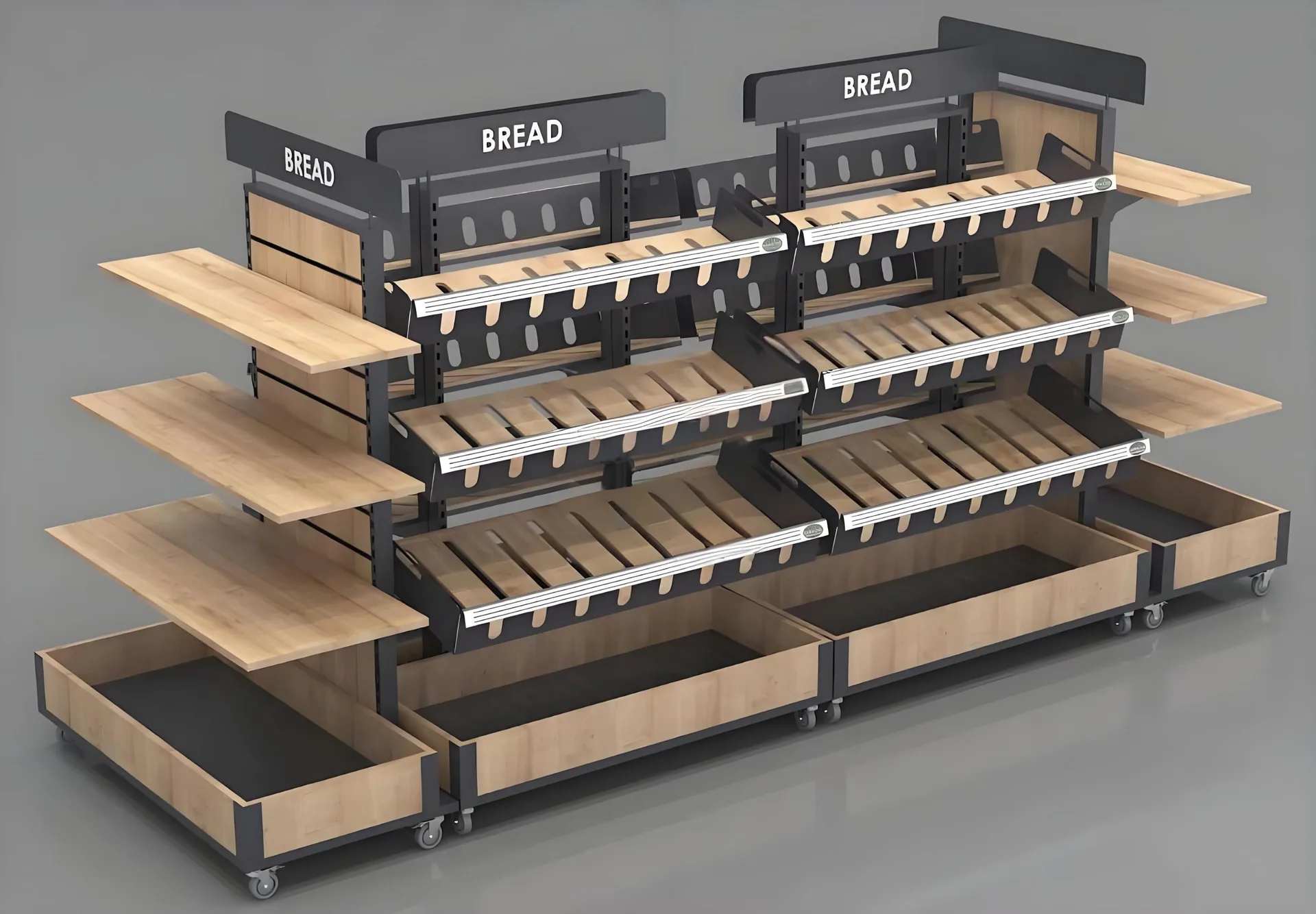 Multi-Tier Bakery Display Shelving for Supermarket