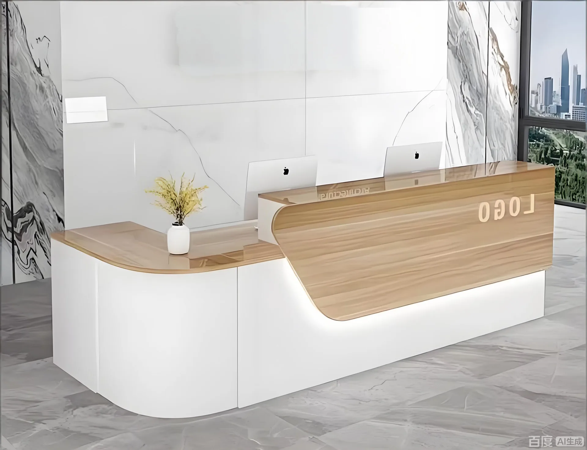 Multifunctional L-Shaped Reception Desk, Modern Curved Front Desk with LED Light & Hidden Storage for Commercial Use — view 3