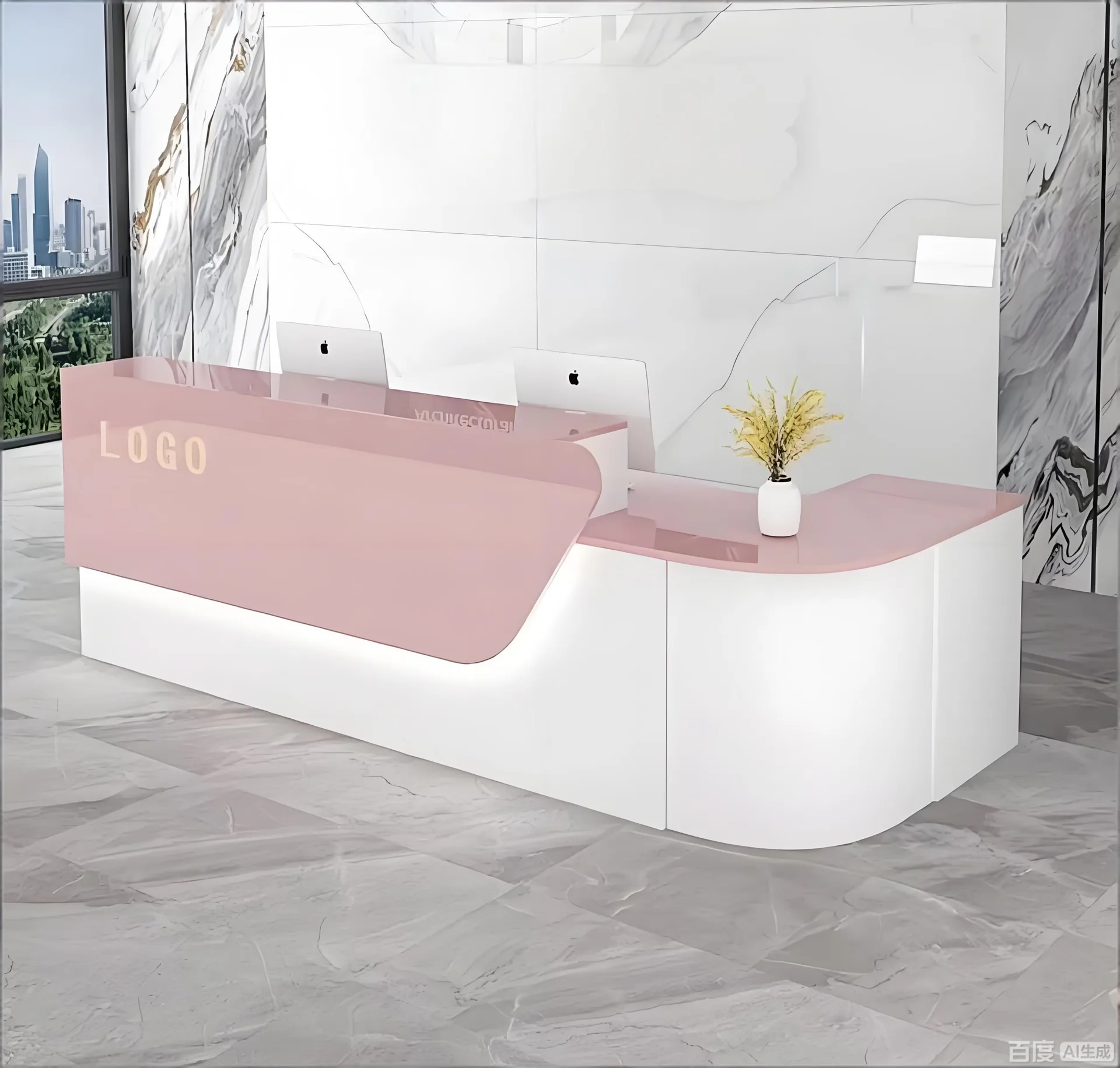 Multifunctional L-Shaped Reception Desk, Modern Curved Front Desk with LED Light & Hidden Storage for Commercial Use — view 5