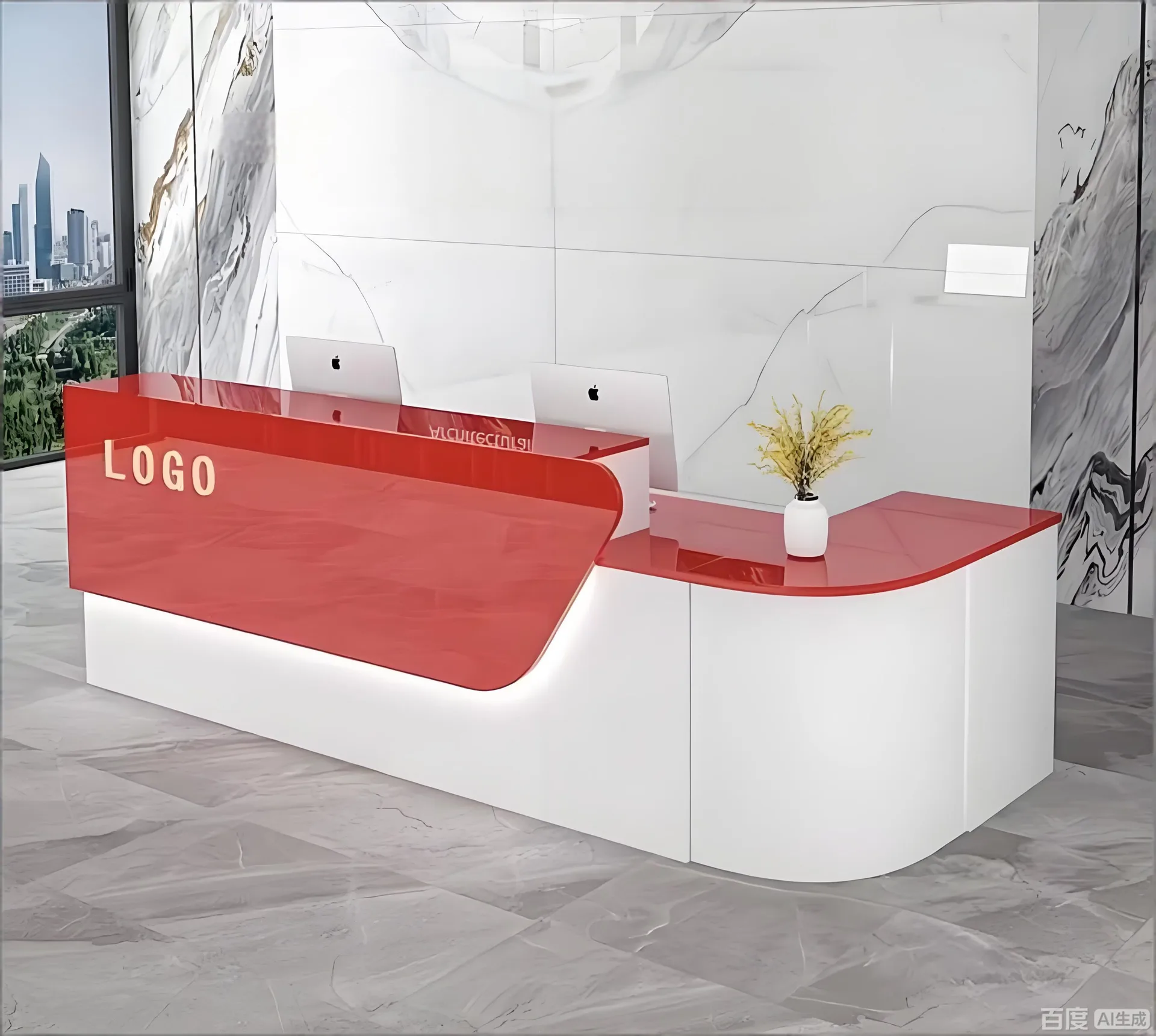 Multifunctional L-Shaped Reception Desk, Modern Curved Front Desk with LED Light & Hidden Storage for Commercial Use — view 2