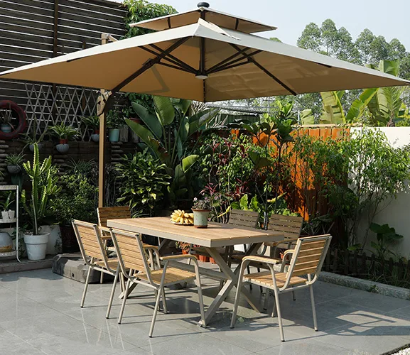 Natural and elegant outdoor wooden dining table and chairs for sale — view 2