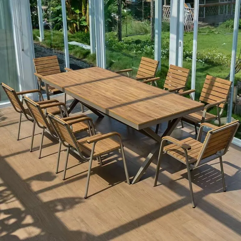 Natural and elegant outdoor wooden dining table and chairs for sale — view 4