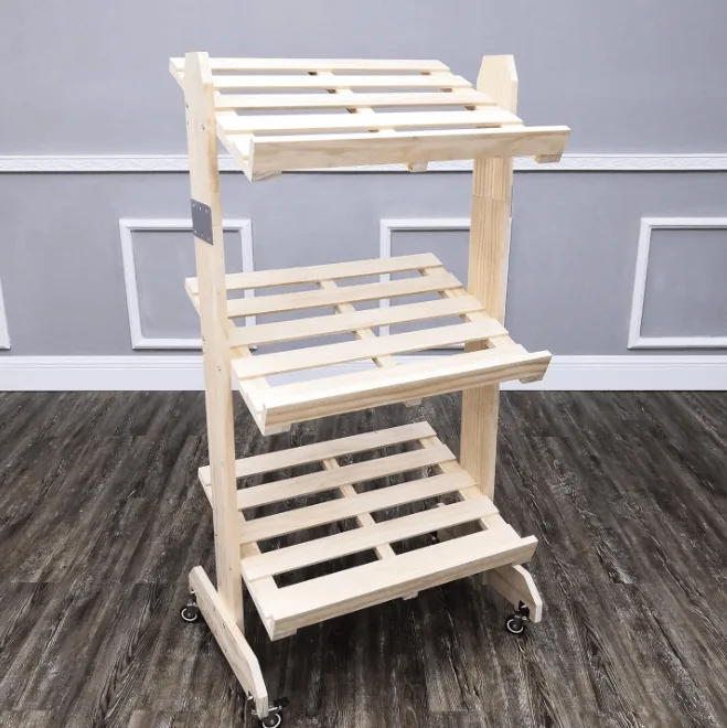 Natural Pine Wood 3-Tier Mobile Bread Rack: Sturdy, Rustic, and Easy to Move for Bakery Display — view 3