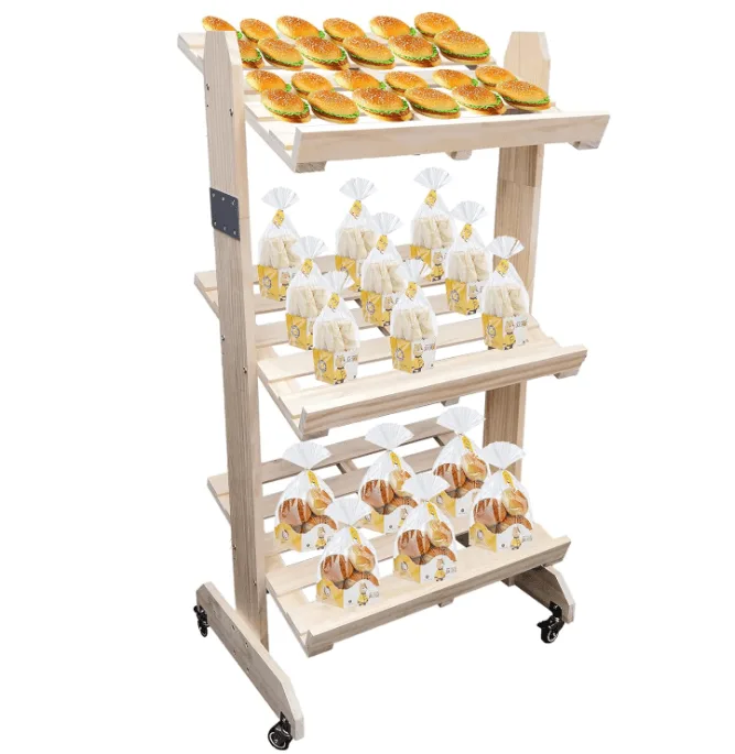 Natural Pine Wood 3-Tier Mobile Bread Rack: Sturdy, Rustic, and Easy to Move for Bakery Display