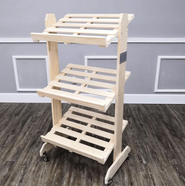 Natural Pine Wood 3-Tier Mobile Bread Rack: Sturdy, Rustic, and Easy to Move for Bakery Display — view 4