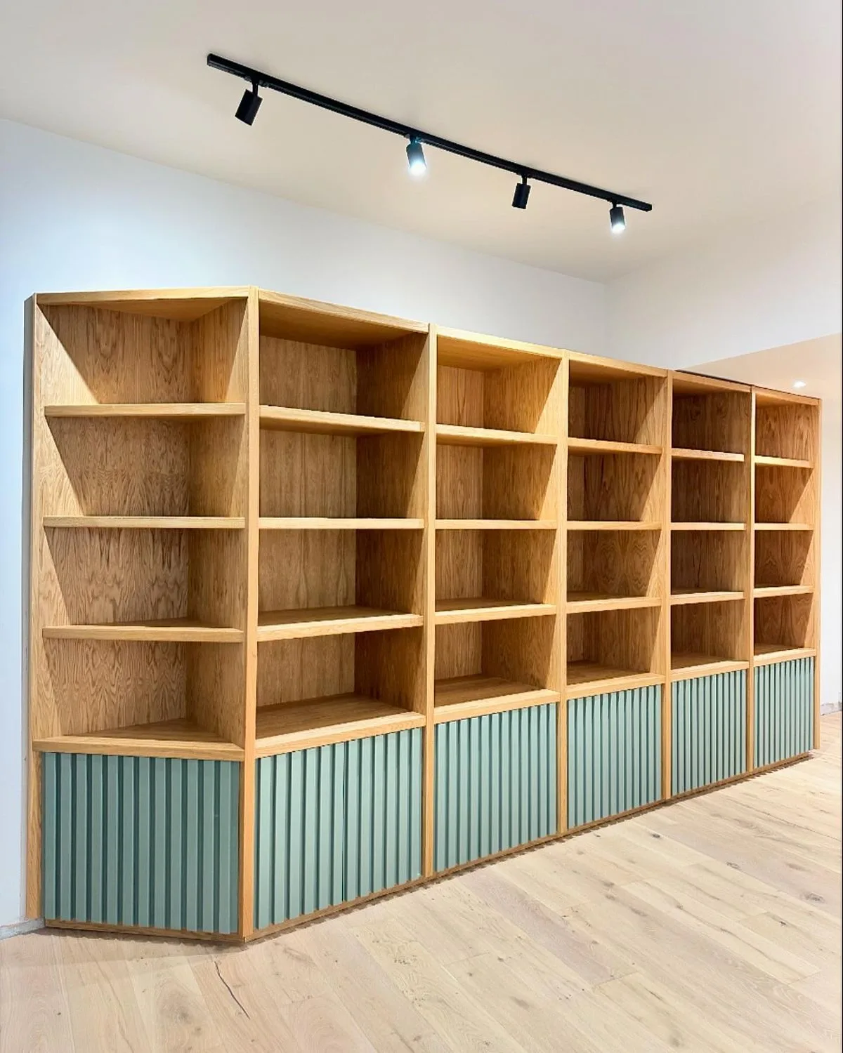 Natural Wood Modular Corner Display Shelving with Slatted Storage Cabinets