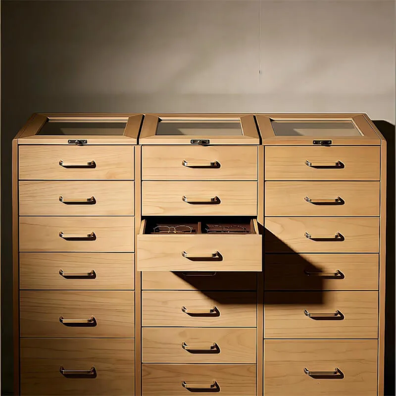 Natural Wood Optical Display & Storage Cabinet | Playwood Laminate | Aluminum Slide Rail Drawer-Type Eyewear Display Cabinet (Commercial Sto