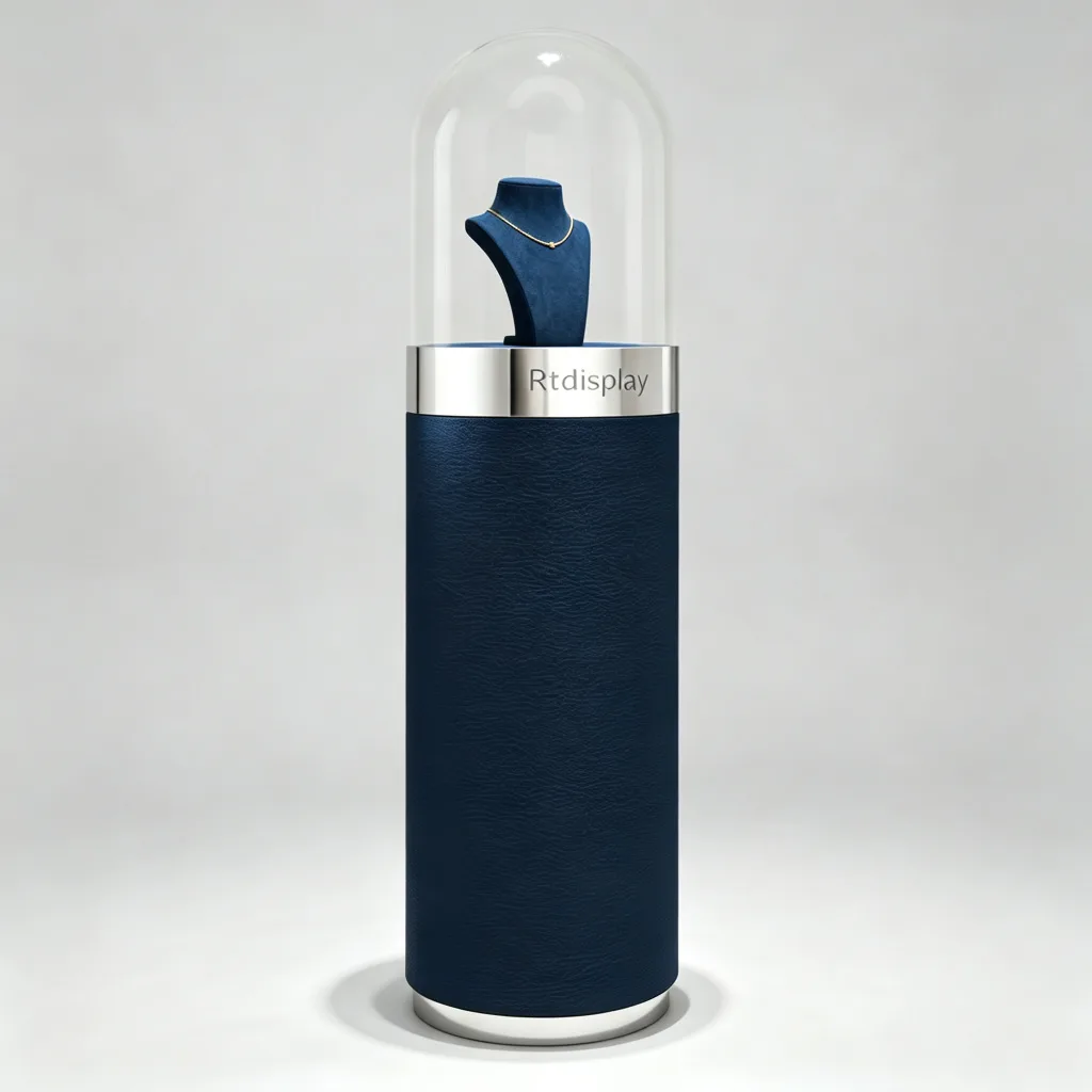 Navy Blue Leather Jewelry Pedestal Stand Glass Dome Silver Chrome Ring