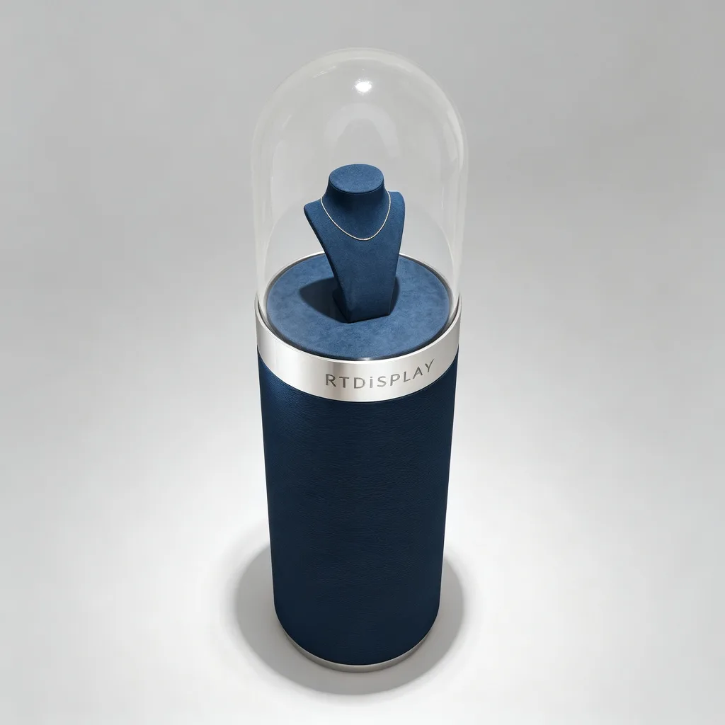 Navy Blue Leather Jewelry Pedestal Stand Glass Dome Silver Chrome Ring — view 4