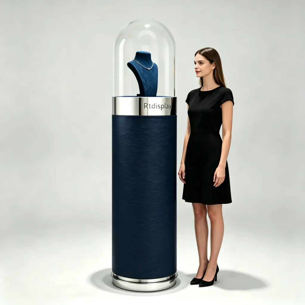 Navy Blue Leather Jewelry Pedestal Stand Glass Dome Silver Chrome Ring — view 3