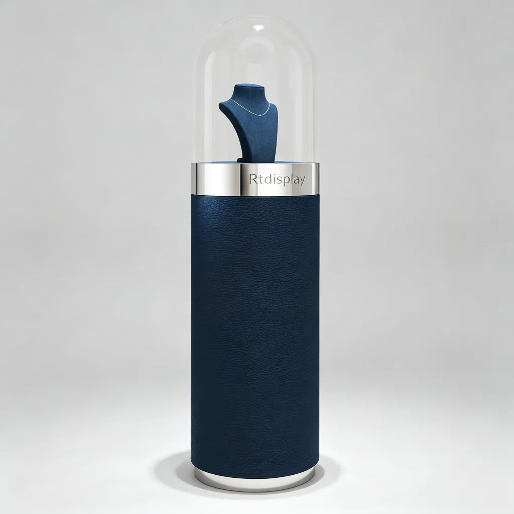 Navy Blue Leather Jewelry Pedestal Stand Glass Dome Silver Chrome Ring — view 2