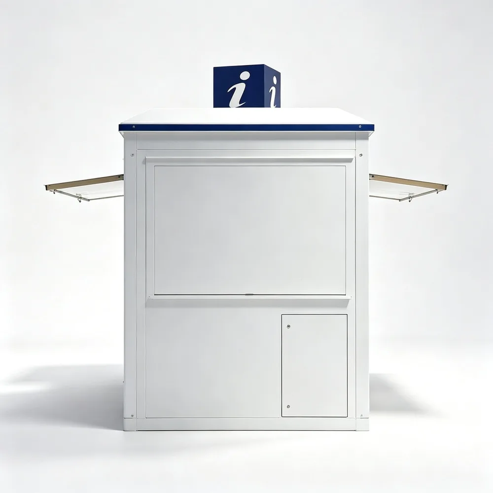 Open-Front White Tourist Office Kiosk with Fold-Up Awning – Custom Metal Frame Brochure Display Visitor Information Booth with Blue Info Sym — view 4