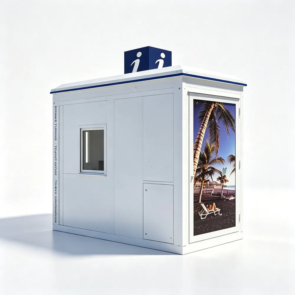 Open-Front White Tourist Office Kiosk with Fold-Up Awning – Custom Metal Frame Brochure Display Visitor Information Booth with Blue Info Sym — view 3