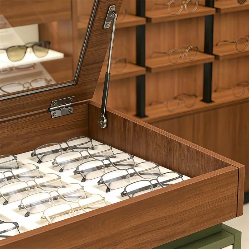 Optical Eyewear Display Storage Cabinet with Wood-Grain Veneer Frame & Adjustable Try-On Mirror — view 4