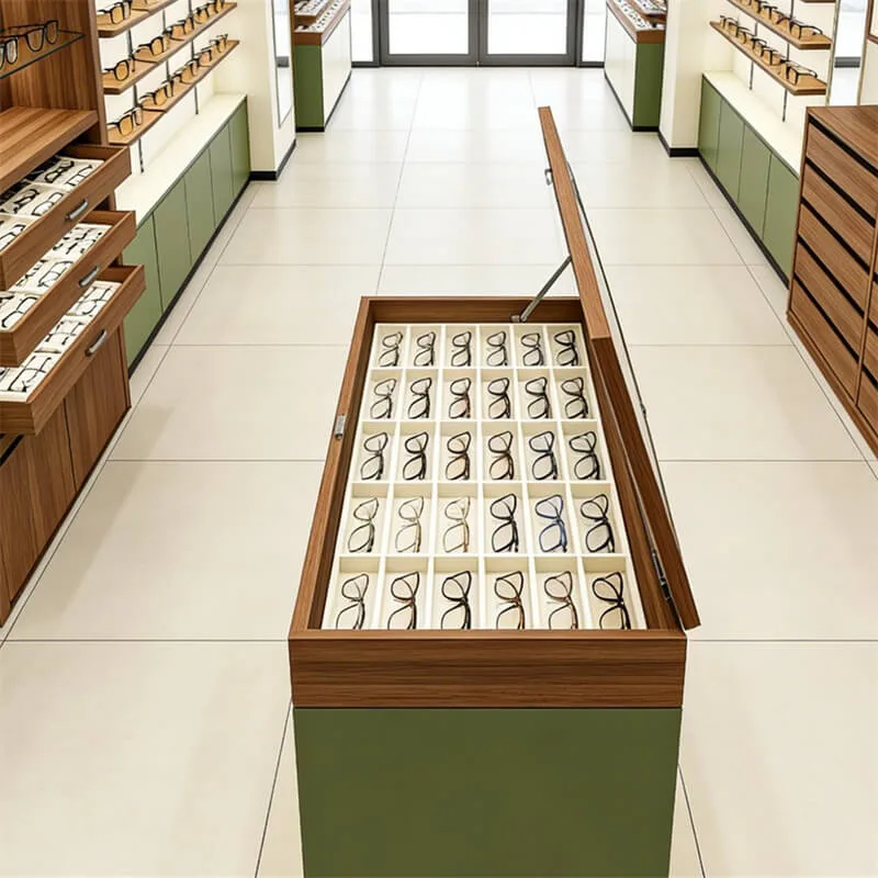 Optical Eyewear Display Storage Cabinet with Wood-Grain Veneer Frame & Adjustable Try-On Mirror — view 2