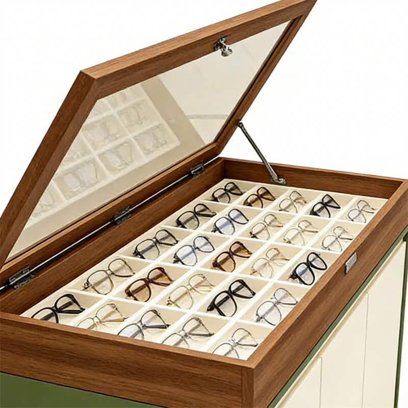 Optical Eyewear Display Storage Cabinet with Wood-Grain Veneer Frame & Adjustable Try-On Mirror — view 3