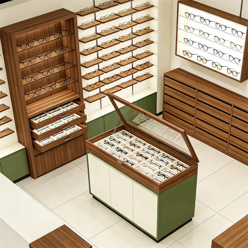 Optical Eyewear Display Storage Cabinet with Wood-Grain Veneer Frame & Adjustable Try-On Mirror