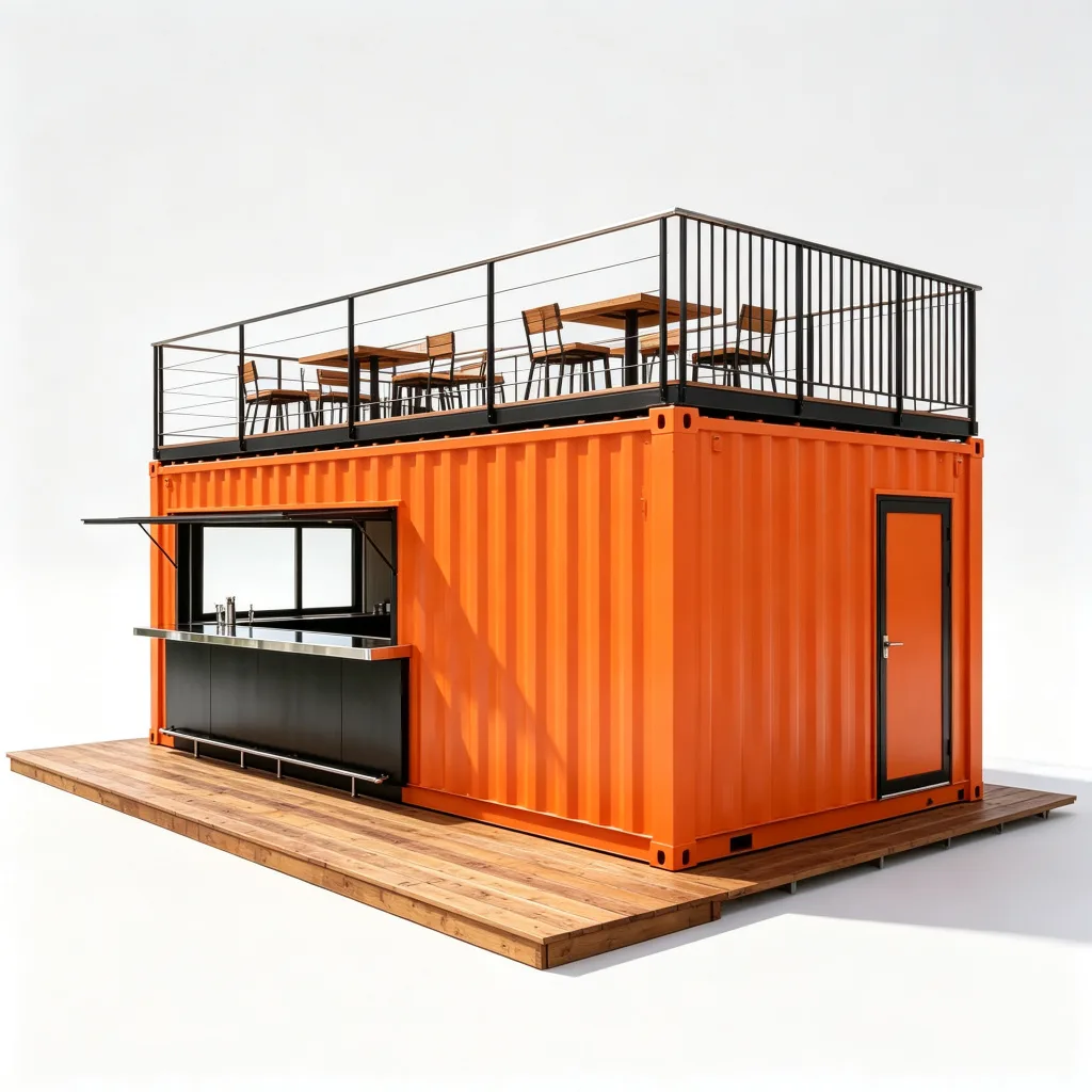 Orange 20ft Shipping Container Bar with Rooftop Terrace Hydraulic Lifting Window Custom Built — view 3