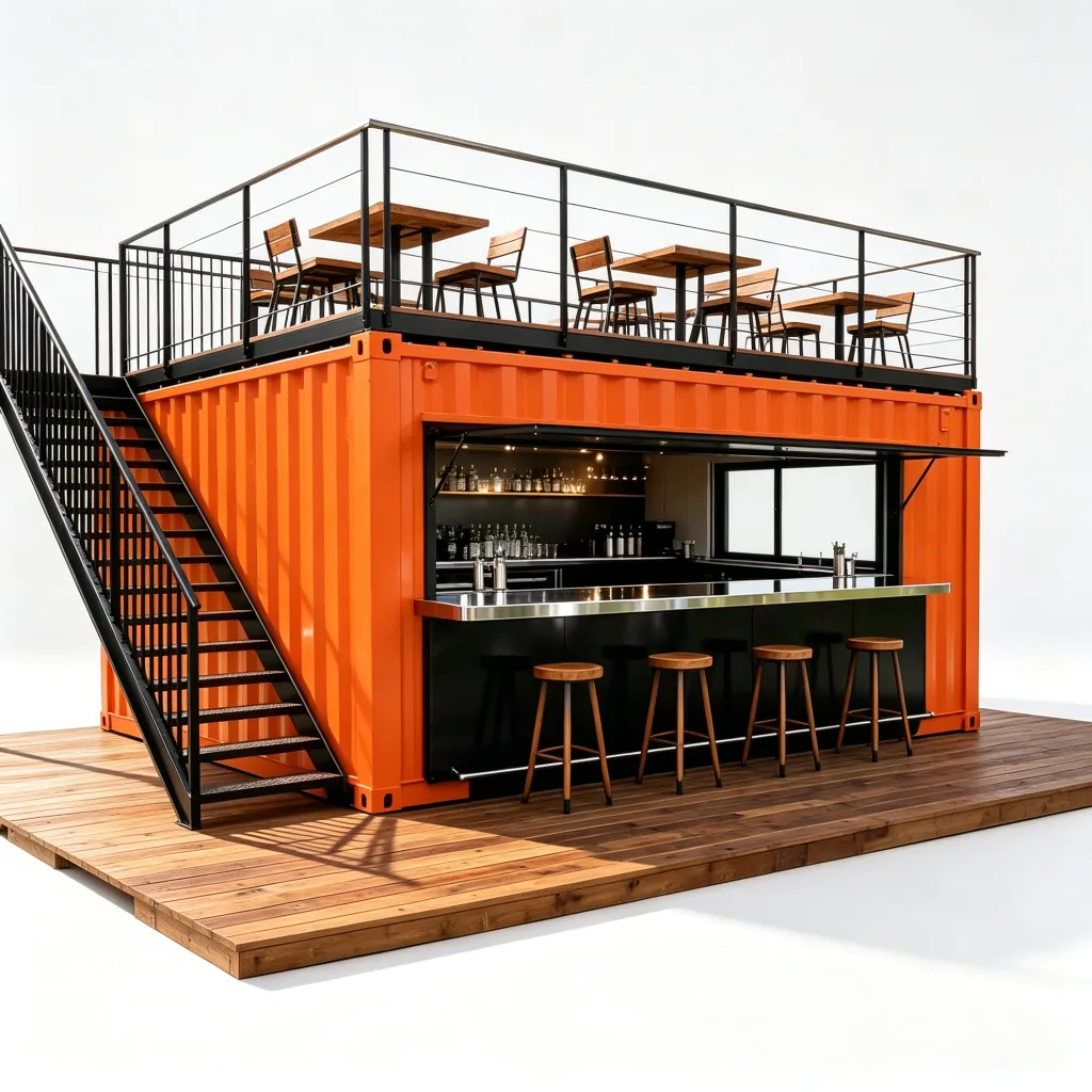 Orange 20ft Shipping Container Bar with Rooftop Terrace Hydraulic Lifting Window Custom Built — view 4