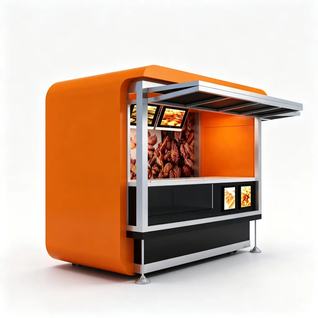 Orange Black Roasted Nut Snack Kiosk with Digital Screens and Glass Display Counter — view 3