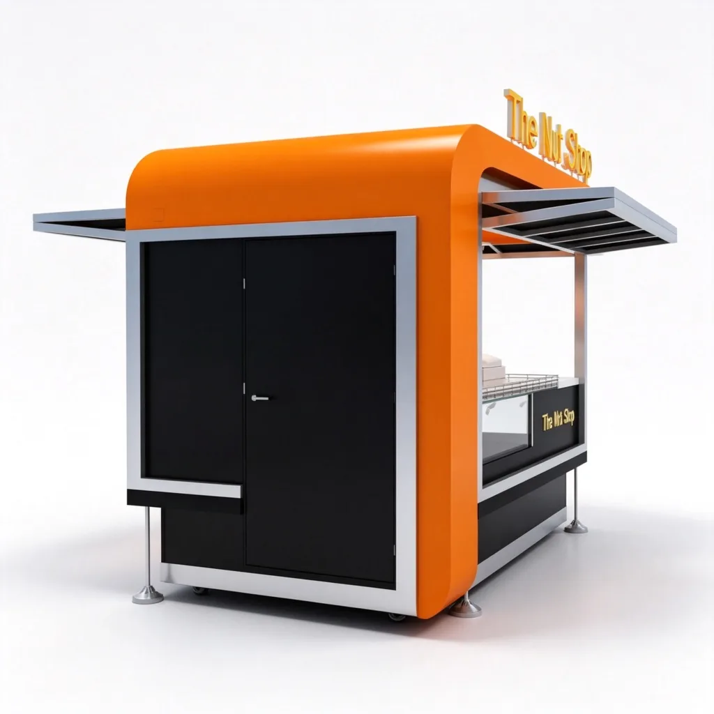 Orange Black Roasted Nut Snack Kiosk with Digital Screens and Glass Display Counter — view 4