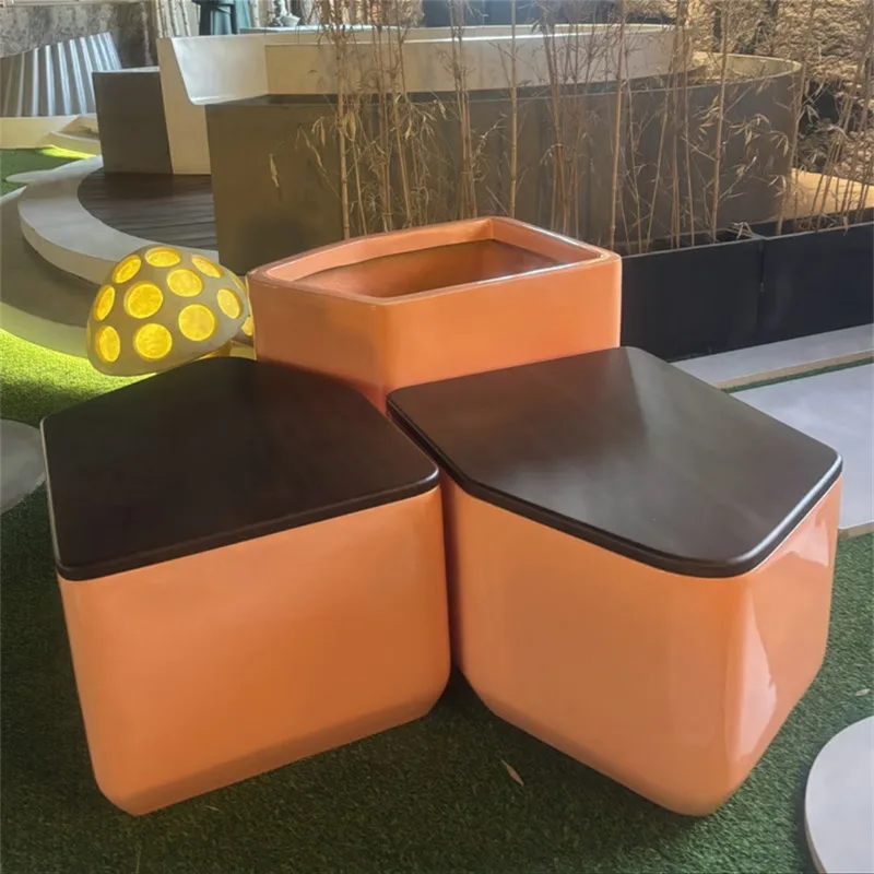 Orange & Brown FRP Furniture Set Outdoor Stools with Matching Planter