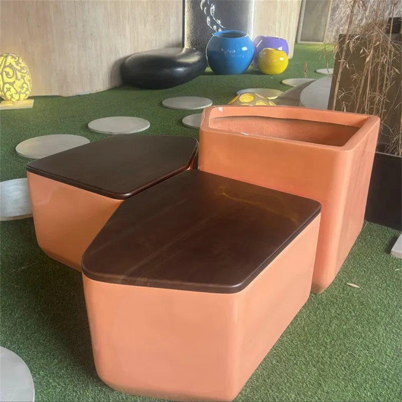 Orange & Brown FRP Furniture Set Outdoor Stools with Matching Planter — view 4