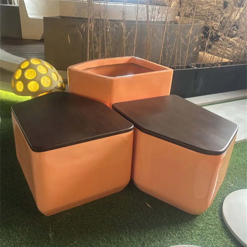 Orange & Brown FRP Furniture Set Outdoor Stools with Matching Planter — view 2