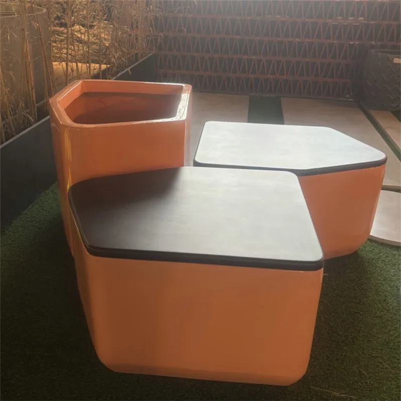 Orange & Brown FRP Furniture Set Outdoor Stools with Matching Planter — view 3