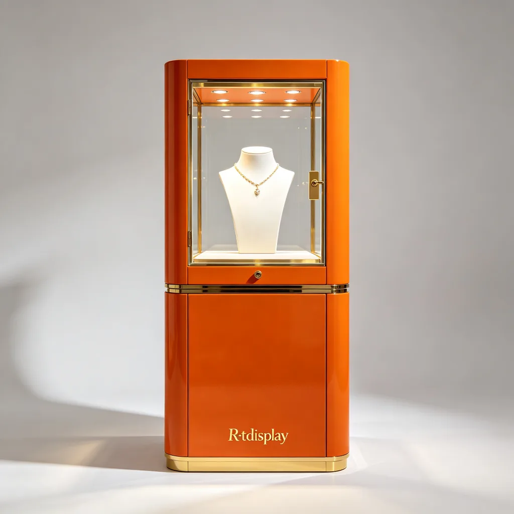 Orange Luxury Jewelry Display Stand | Gold-Plated Stainless Steel Base | Tempered Glass Pull-Out Lockable Door
