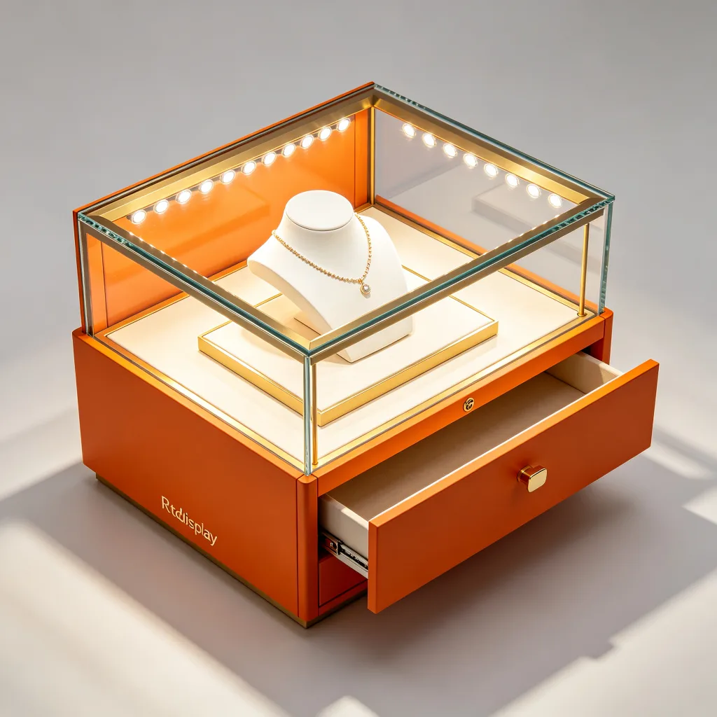 Orange Luxury Jewelry Display Stand | Gold-Plated Stainless Steel Base | Tempered Glass Pull-Out Lockable Door — view 4