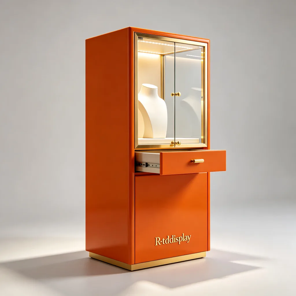 Orange Luxury Jewelry Display Stand | Gold-Plated Stainless Steel Base | Tempered Glass Pull-Out Lockable Door — view 2