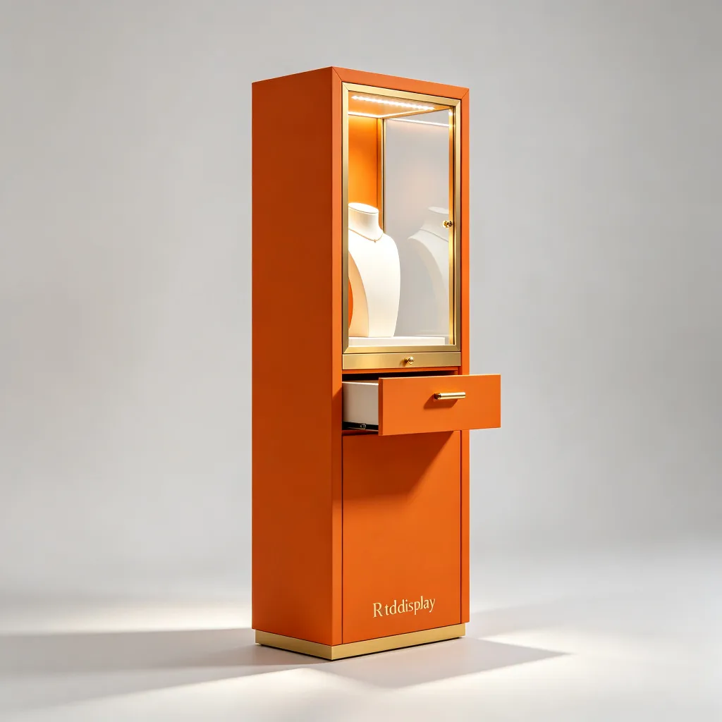 Orange Luxury Jewelry Display Stand | Gold-Plated Stainless Steel Base | Tempered Glass Pull-Out Lockable Door — view 3
