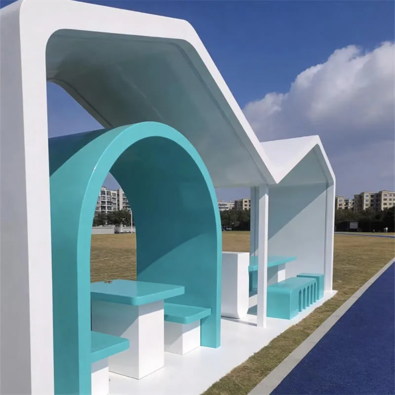 Outdoor Blue-White FRP Pavilion Multi-Functional Waiting Shelter with Built-In Tables and Benches — view 2